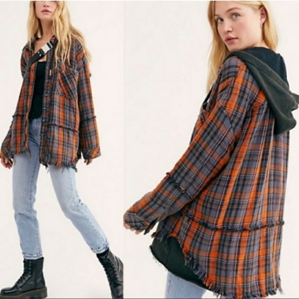 We the Free Calico Basin Plaid Flannel Distressed Hooded Jacket Shacket XS - Picture 15 of 16